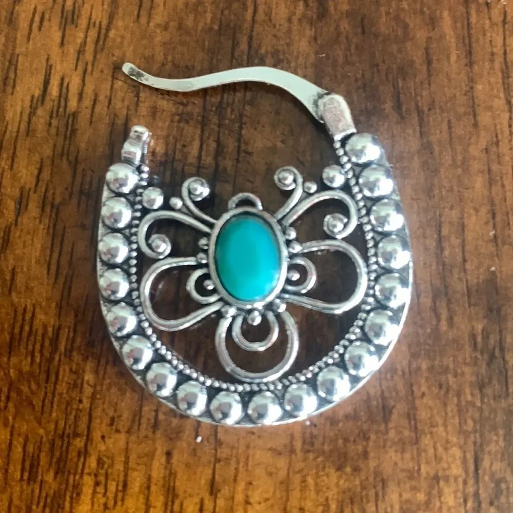 Balinese Style Openwork Hoop Earrings in Silver Tone with Turquoise Accents